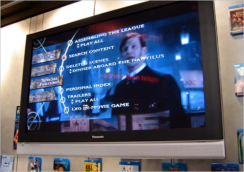 Here's a closer look at the screen While watching the movie, selecting the menu button on the player's remote brings up the BD-Java powered menu interface. The animation animation runs smoothly over the full motion film image.