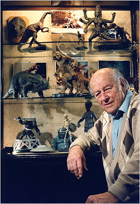 Ray Harryhausen with a few of his creations