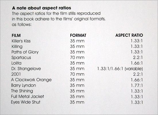 Stanley Kubrick Archives book - aspect ration listing