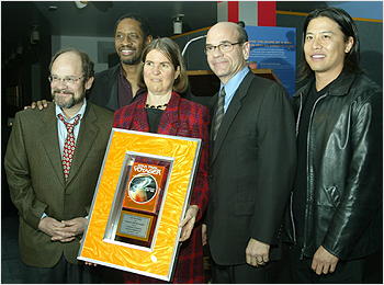 Voyager stars Ethan Phillips, Tim Russ, Garrett Wang and Robert Picardo with shuttle astronaut Dr. Janice Voss.