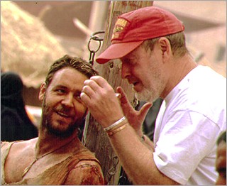 Actor Russell Crowe and director Ridley Scott on the set of Gladiator.