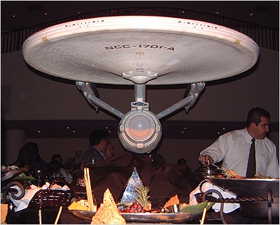 The Enterprise model from the Star Trek films in the theater lobby.